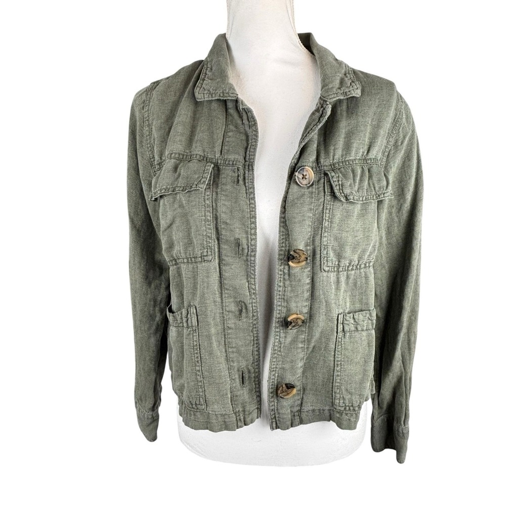 Nicole‎ Miller Linen Blend Utility Jacket Size Medium Sage Olive Outdoors